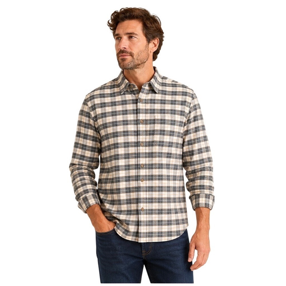 Faherty Movement Featherweight Flannel Shirt Plaid Gray Tan Mens Large Stretch